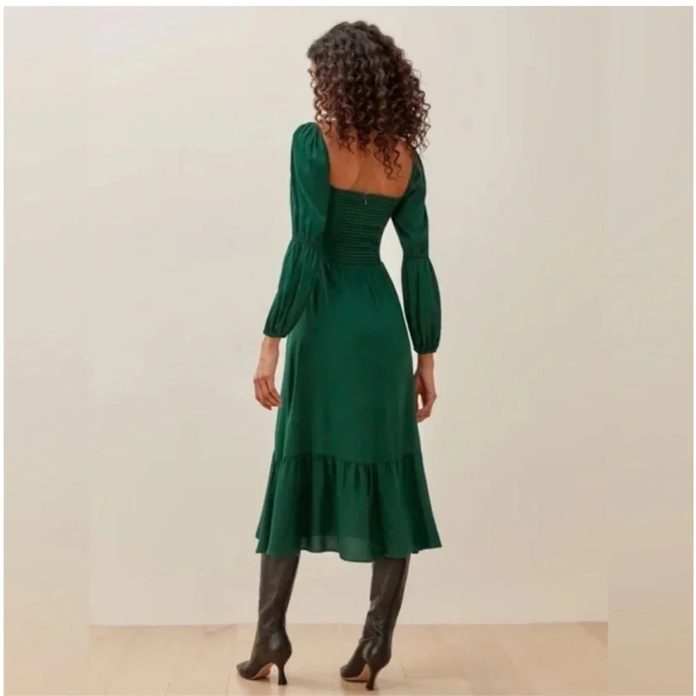 Reformation Mica Emerald Green Long Sleeve Square Neck Midi Dress - Picture 2 of 9